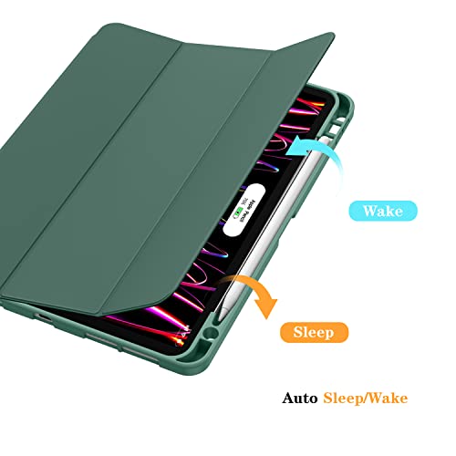 Supveco New Ipad Pro 11 Inch Case 2022 (4Th Gen) /2021 (3Rd Gen) With Pencil Holder [Support 2Nd Gen Pencil Charging/Pair],Trifold Stand Smart Case With Soft Tpu Back,Auto Wake/Sleep-(Midnight Green) #TOP3