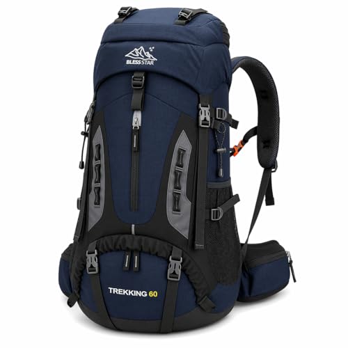 Bless Star Mochila de Trekking 60 Litros, para Camping, Trilha e Viagem, com Capa de Chuva, Masculina e Feminina (Azul Marinho)