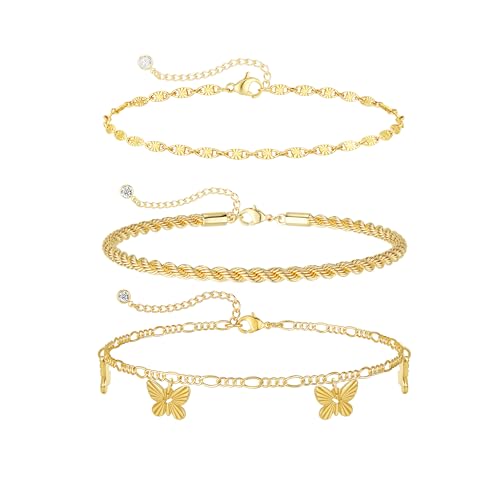 Image of Gold /Silver Anklets for Women Ankle Bracelets for Women Waterproof Beach Layered Anklet Bracelets for Women Cuban Link Anklets Set Dainty Cute Heart Butterfly Anklets Non Tarnish Jewelry Gift