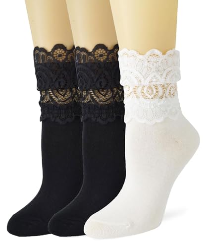 Image of Womens Lace Cotton Socks Transparent Mesh Ruffle Dress Calf Socks