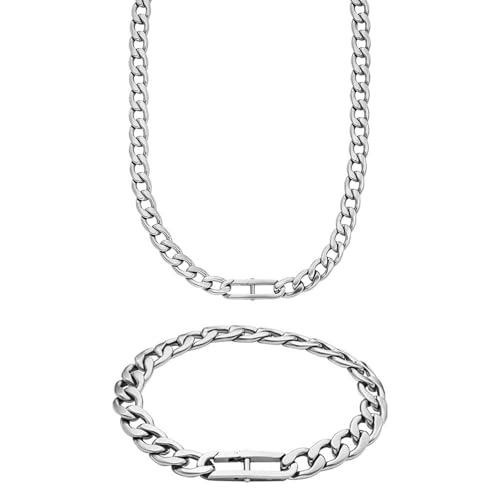 Image of Fossil Men's Heritage Silver-Tone Stainless Steel Necklace and Bracelet, Set