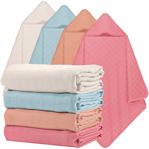 Image of Preboun 4 Pcs Muslin Hooded Baby Towels,32"x 32" Cotton Newborn Bath Towel Muslin Infant Baby Blankets Absorbent Unisex Newborn Registry Gift for Girls Boys(Light Pink Series)