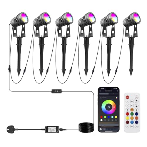Image of 6Pack LED Garden Spike Lights Mains Powered 24V RGB + Warm White, IP65 Waterproof for Outdoor Use, 24V Garden Uplighters Bluetooth App & Remote Control, Color Changing Pathway Lights for Yard, 20M