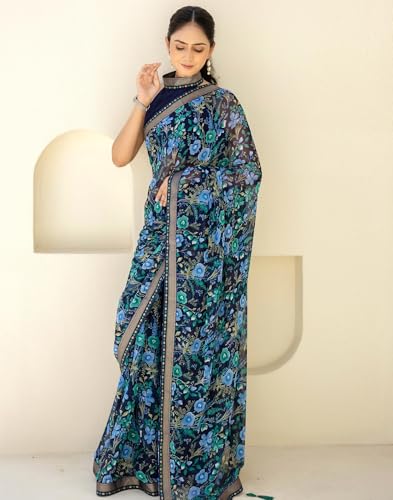 Image of SIRIL Women's Chiffon Printed Saree With Unstitched Blouse Piece