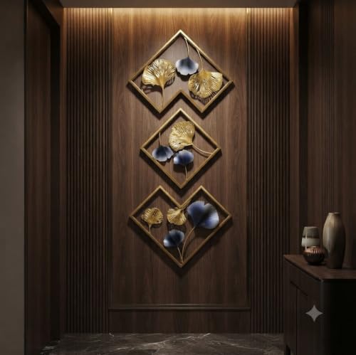 Image of SMILES GIFT Luxury Imported Wall Hanging Abstract 3-Piece Iron Wall Hanging Modern Gold Ginkgo Design Luxury Art for Home Decor