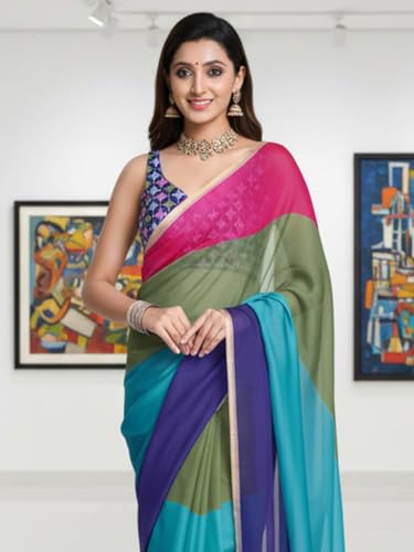 Image of AKHILAM Women's Multicolored Organza Colorblocked Printed Saree With Unstitched Blouse Piece (ALIA1014 AI)