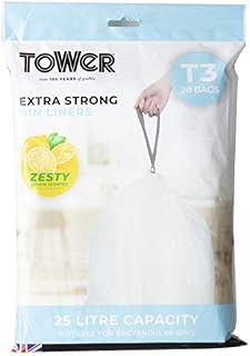 Tower T878002 Kitchen Bin Bag 25L Lemon Scented Heavy Duty Drawstring Waste Bin Liners, 20 Pack, White