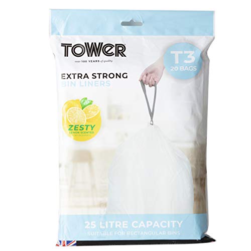 Tower T878002 25L Lemon Scented Bin Liners, 20 Pack, White
