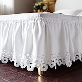 ARTABLE Lace Bed Skirts Wrap Around Ruffled Bed Scarf Elastic Dust with Adjustable Belts 15 Inch Drop Twin Queen King Size Lace Trimmed Bed Skirt (Offwhite C, King (78 x 80'')-15 Inch Drop)