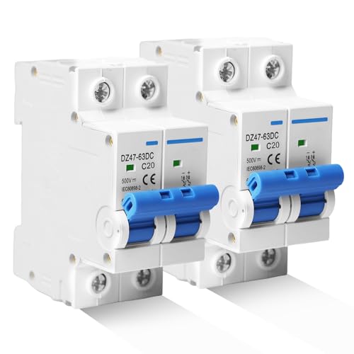 2 Stück DC Trennschalter PV Anlage 500V 20A 2 Polig Solar Leitungsschutzschalter Sicherungsautomat Schutzschalter für Photovoltaik-Systeme Schutzluftschalter 35mm DIN-Schienenmontage