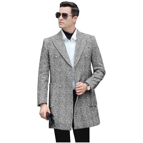 Diaryan Men's Wool Jackets & Coats Grey Casual Winter Trench Coat Herringbone Long Jacket Warm Overcoat Peacoat for Men 2XL Cover