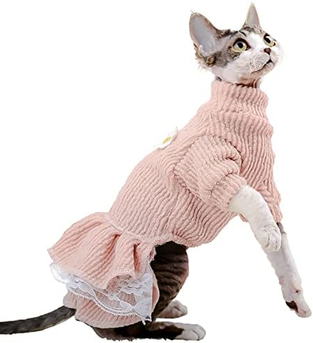 Bonaweite Sphynx Hairless Cat Sweater Dress Breathable Knitted Cat Clothes for Fall Winter, Turtleneck Pet Lace Skirts Hairless Cats Apparel Kitten Shirt for Sphynx Cornish Rex, Devon Rex, Peterbald