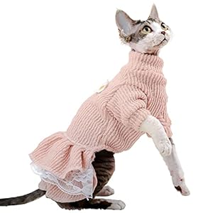 Bonaweite Sphynx Hairless Cat Sweater Dress Breathable Knitted Cat Clothes for Fall Winter, Turtleneck Pet Lace Skirts Hairless Cats Apparel Kitten Shirt for Sphynx Cornish Rex, Devon Rex, Peterbald