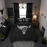 Erosebridal Bull Skull 7 Piece Bedding Set Queen Bohemian Comforter Set with Sheets Simple Line Drawing Bull Head Aztec Bed in a Bag Rose Leaf Print Black White for Teens Men Women