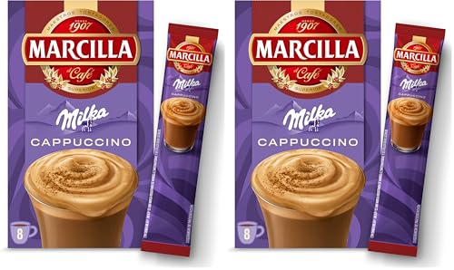 Marcilla Café Soluble Mix CAPUCCINO Milka, con sabor chocolate | 8 sobres de 15,8 g | 126 g (Paquete de 2)