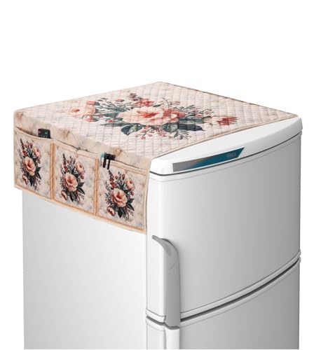 CLiDE Velvet Solid Floral Print Fridge Top Cover (94 x 54 x 1 cm) with Side Utility Pockets | Washable Cotton Material | Dustproof Refrigerator Cover with 6 Storage Pockets