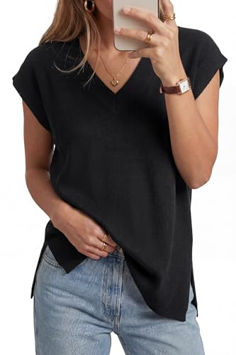 Arach&Cloz Fall Women's Wool Knit Blend V-Neck Solid Relaxed Fit Casual Sweater Vest Dressy Trendy Sleeveless Clothing Fashion Clothes Casual Outfits Pullover Office Work Tank Top 2026 Black M