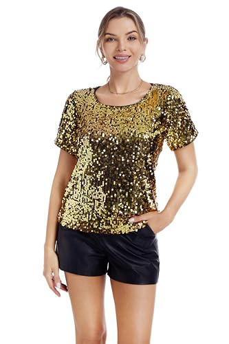 Womens Full Sequin Sparkle Tops Shimmer Glitter Round Neck Short Sleeve Shirt Summer Disco Party Tee Shirts Tunic Blouse Gold Color Small