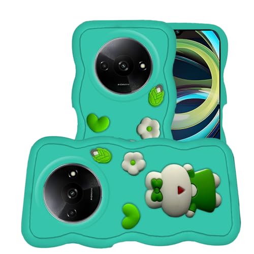 Image of AESTMO Back Case Cover for Redmi A3 | 3D Cute Fun Cartoon Characters | Anti Slip Grip Cute Wave Curly Frame Shape | Full Body Protection Back Cover for Redmi A3 |(Mint Green)