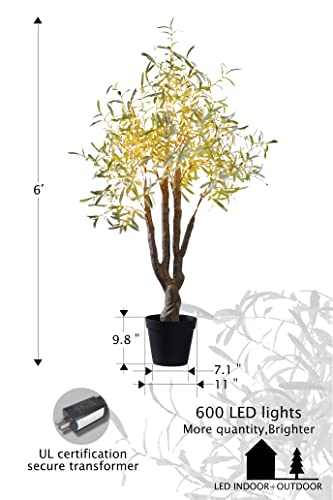 Olive Artificial Lighted Up Ficus Led Tree｜ 6Ft With 600 Micro-Led Lights With Flowerpot｜Tree Light Of Indoor Outdoor Home Decoration Daily Party Christmas Use｜Green Leaf Warm White #TOP3