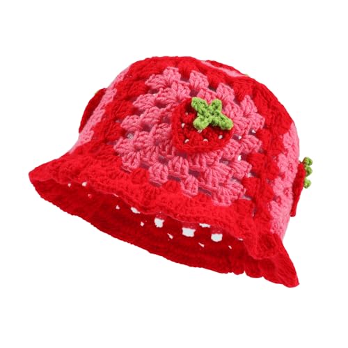 Fiewmay Crochet Bucket Hat for Women Handmade Floral Hat Portable Knitted Elastic Cute Beach Hat for...