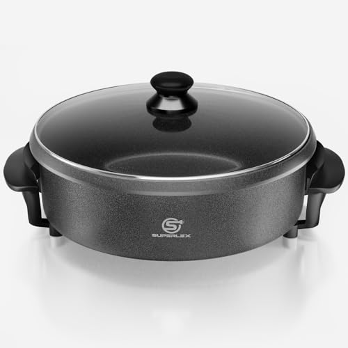 SUPERLEX Padella elettrica 1500 W con coperchio, 28 cm, in alluminio e acciaio, rivestimento antiaderente, regolazione della temperatura, termostato rimovibile, coperchio in vetro temperato