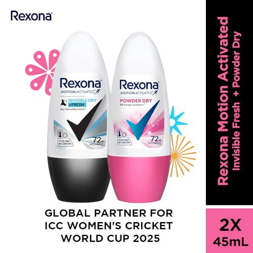 Image of Rexona Roll-On Deodorant | Invisible Dry + Powder Dry Motion Activated Deo for Women | up to 72Hr odour protection | 45 ML each