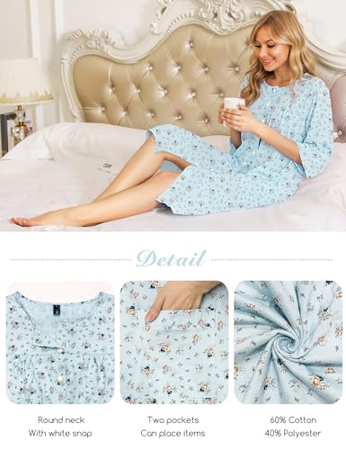 Image of Bloggerlove House Dress Women Cotton Snap Front Nightgown 3 /4 Sleeve Housecoat Duster Robe with Pockets Moomoo Patio Dress