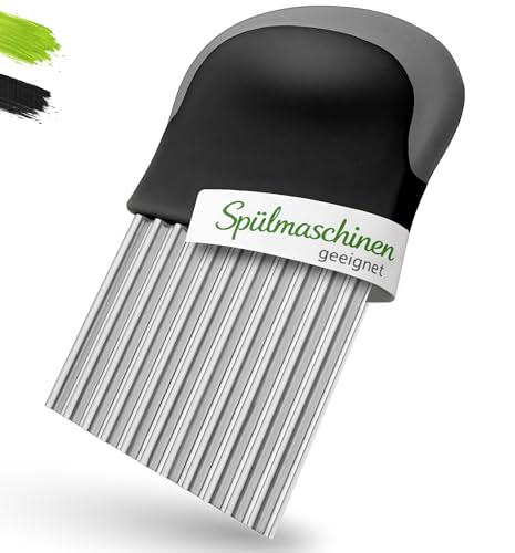 Villkin Wellenschneider aus Edelstahl - Spülmaschinengeeignet - Ergonomischer Griff für sicheren Halt - Für Kartoffeln Gemüse und Obst Gleichmäßige Wellen- und Riffelschnitte (1x Schwarz-Grau)