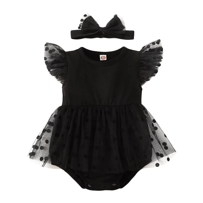 Image of Infant Newborn Baby Girl Ruffle Sleeve Dress Romper 2Pc Tulle Bodysuit Headband Set Birthday Summer Fall Clothes