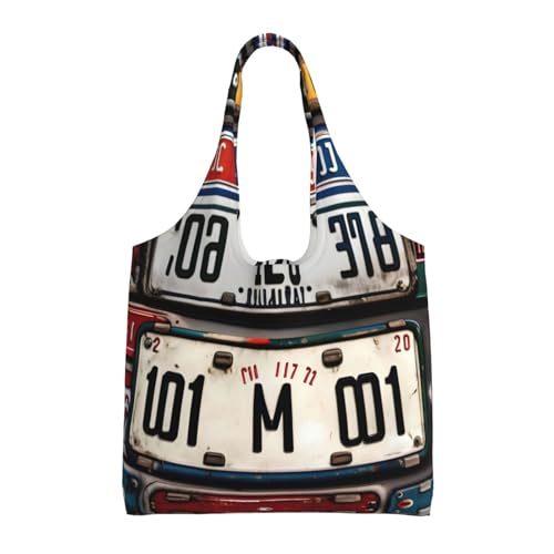 YQxwJL Bolsa de lona con estampado de placa de matrícula antigua, bolsa de compras, bolsa de...