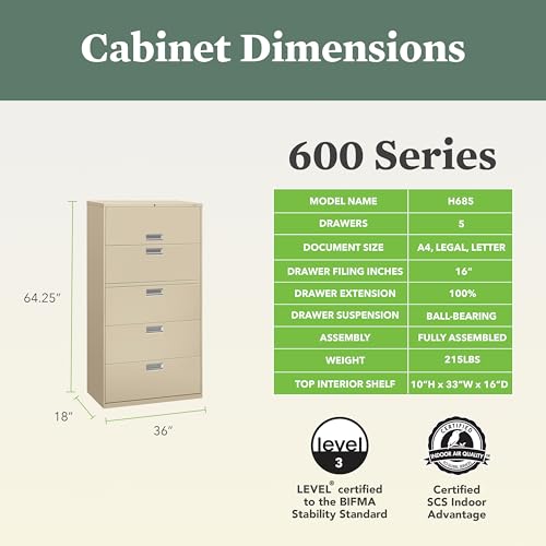 Image of HON 5 Drawer Lateral File Cabinet with Lock, Metal Filing Cabinets for Offices, Adjustable Hangrails for A4, Legal, Letter Files, 18 inch Deep, Putty