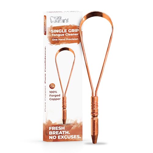 Dr. White's single-grip copper tongue scraper — shows the one-hand handle that sets it apart