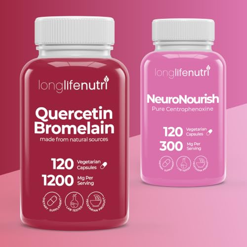 LongLifeNutri Quercetin 1000 mg with Bromelain 200mg & Centrophenoxine 300 mg Bundle – 120/120 Vegan Capsules, 2–4 Month Supply, Respiratory Bioflavonoid, Non-GMO, GMP Certified, Made in USA