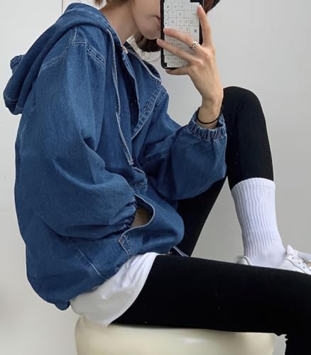 chouyatou Women Hooded 1/2 Button Down Pullover Denim Jacket Hoodie Boyfriend Casual Jean Sweatshirt Top4