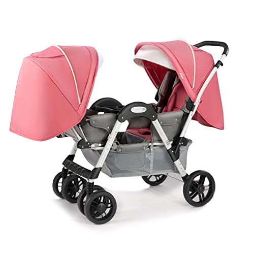 Baby Stroller for Twins-Cozy Compact Twin Stroller, Double Infant Stroller with Tandem Seating,Oversized Canopy, Tandem Umbrella Stroller for Girls Boys (Color : Pink)
