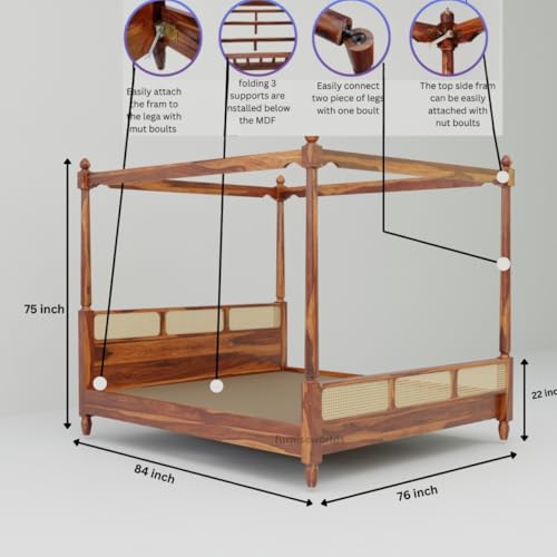 Image of Sheesham Wood King Size Poster Bed Four Poster Bed for Bedroom Solid Wood Double Bed Rattan Canopy Bed Cot Rattan-Honey-King