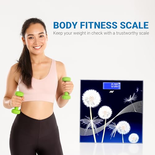 Image of ANT Flora Dandelion Digital Bathroom Weighing Scale, 180 kg Capacity, High Precision Sensors, Wide LCD Display, 5 mm Tempered Glass Body Weight Machine for Home & Gym with 30 Months Warranty (Black)