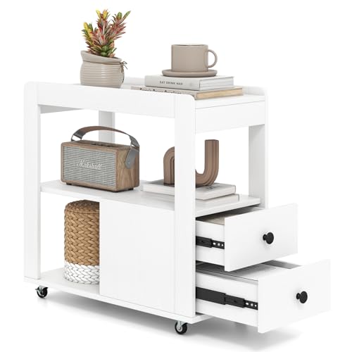 COSTWAY Tavolino da Salotto, Tavolino Moderno Laterale a 2 Cassetti con Ripiani Aperti e Ruote Universali Bloccabili, Tavolo Stretto per Soggiorno, Camera da Letto e Ufficio (Bianco)
