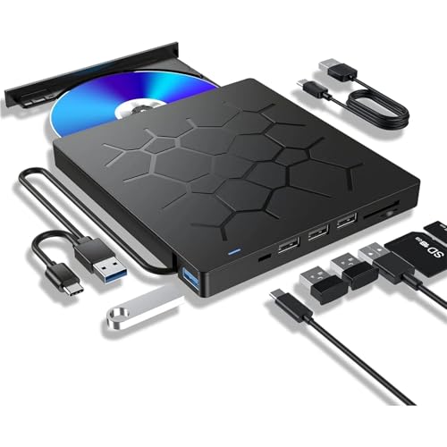 TIEOAXFT External CD DVD Drive,Ultra Slim CD Burner USB 3.0 with 4 USB Ports and 2 TF/SD Card Slots, Optical Disk Drive for Laptop Mac PC