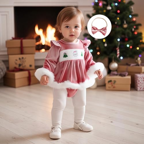 Newborn Baby Girl Christmas Outfit Santa Velvet Long Sleeve Smocked Romper Dress Ruffle Tutu Bodysuit Winter Clothes2