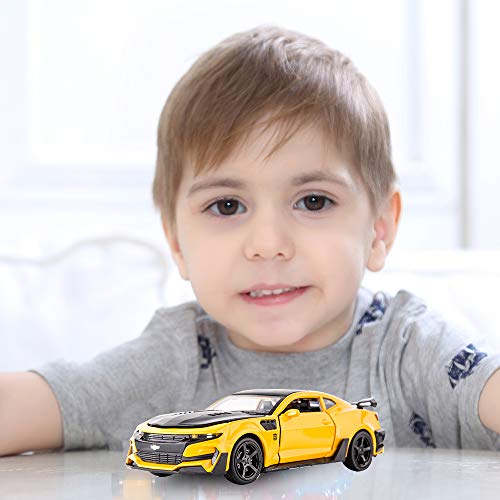 Image of BDTCTK Bumblebee Car Model Toy 1 /32 Zinc Alloy Casting Pull Back Car Sound and Light Toys for Kids Boy Girl Gift (Yellow)