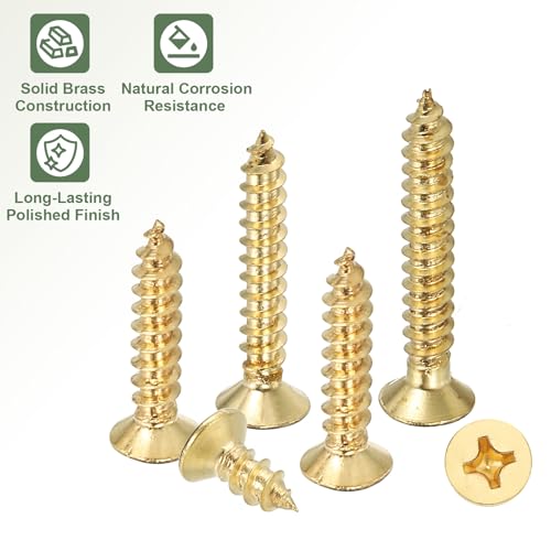 Tornillos de madera de latón autorroscantes, M6 x 40 mm, cabeza plana con cruz para bisagras de puertas, electrónica y muebles (paquete de 25, tono dorado) miniatura 4
