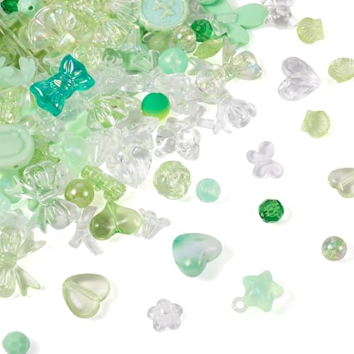 PH PandaHall Pandahall 100g Acrylic Beads Assorted Bows Flower Butterfly Heart Star Bear Round Loose Spacer Beads Charms for Bracelet Necklace Jewelry Making Light Green