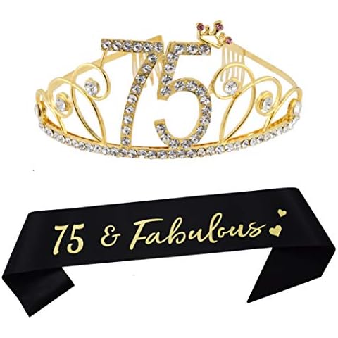 Dgasin 75th Birthday Tiara and Sash Happy 75th Birthday Party Supplies 75 Fabulous Black Glitter Satin Sash and Crystal Tiara Princess Birthday Crown for Women 75th Birthday Party Decorations Cover