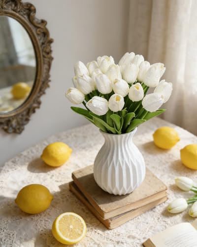 SHOWEROSE 25 Pcs White Tulips Artificial Flowers PU Fake Flowers Real Touch Tulips Flower Bouquet for Wedding Spring Decor Home Centerpiece Table Decorations (White Tulips)