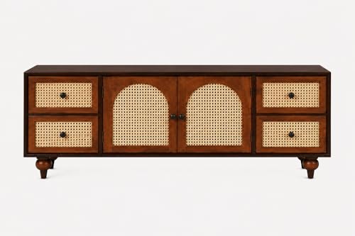 Image of Premium Solid Wood, 10 Minutes Assembly (Legs Only), Aesthetic Rattan Doors, Mid Century Entertainment Center for Living Room, TV Stand for 65 inch TV, Dark Chocolate (Walnut Brown)