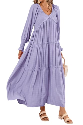 Women Summer Casual V Neck Long Sleeve Maxi Dresses 2025 Solid Ruffle Tiered Pleated Flowy Long Wedding Guest Dress