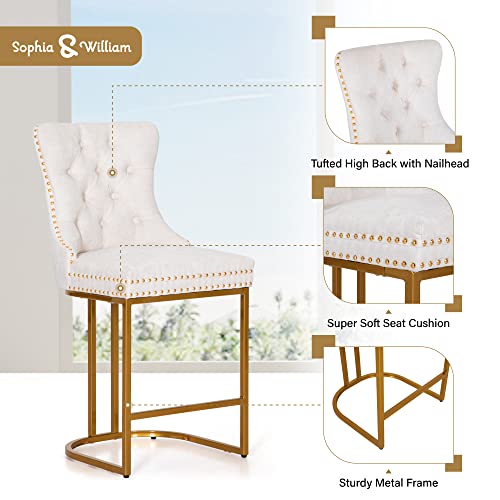 Sophia & William Counter Height 26" Tufted Bar Stools Set Of 4 For Kitchen Island,Modern Gold Polished Bar Chairs With Nailhead Trim And Tufted Back,Support 300Lbs,Beige #TOP3