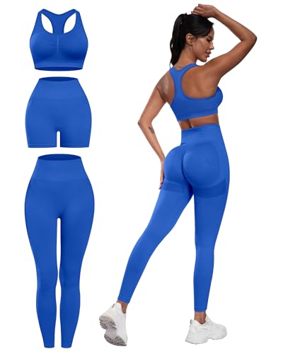 SALSPOR 3 Piece Workout Sets for Women Butt Lifting Leggings with High Impact Sports Bra Gym Shorts(3DWX-Royal Blue-S)